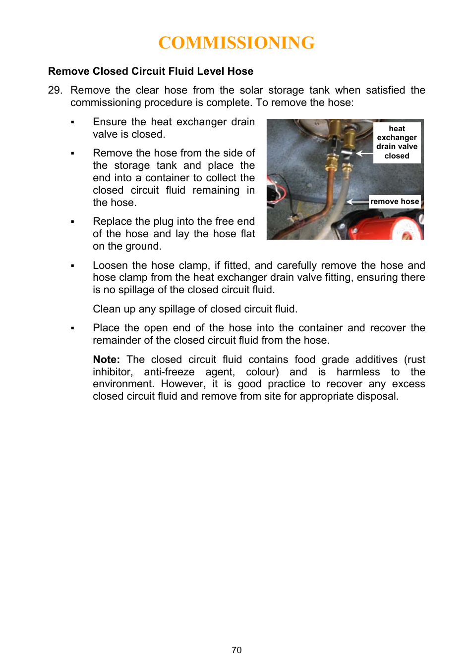 Remove closed circuit fluid level hose, Commissioning | Rheem Water Heater User Manual | Page 70 / 80