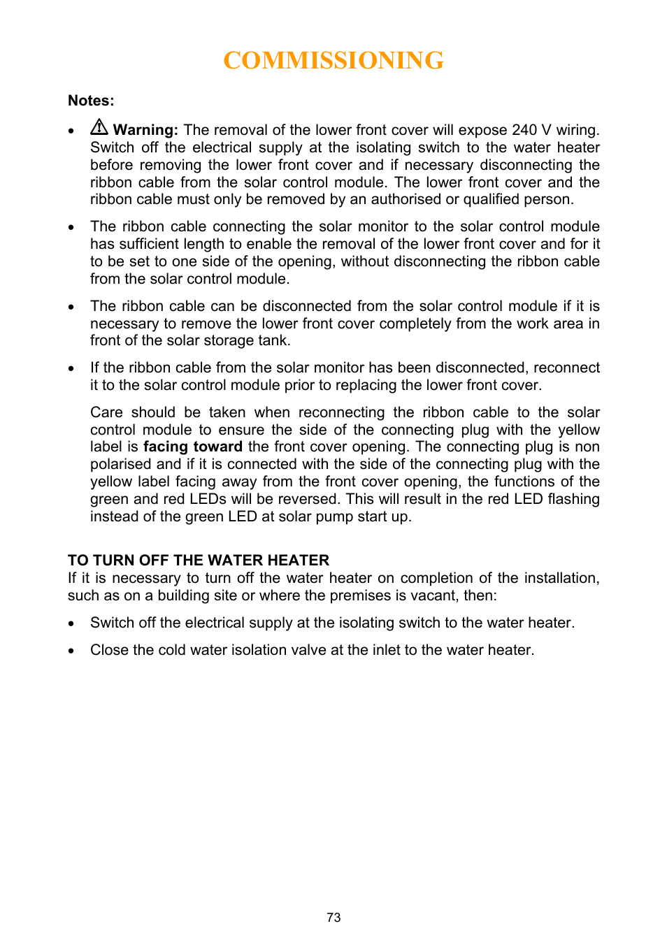 To turn off the water heater, Commissioning | Rheem Water Heater User Manual | Page 73 / 80