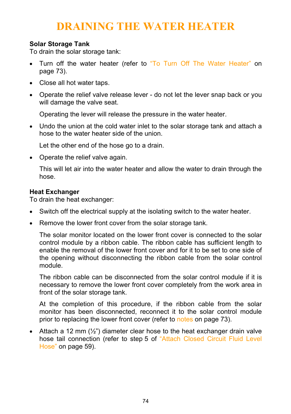 Draining the water heater, Solar storage tank, Heat exchanger | Rheem Water Heater User Manual | Page 74 / 80