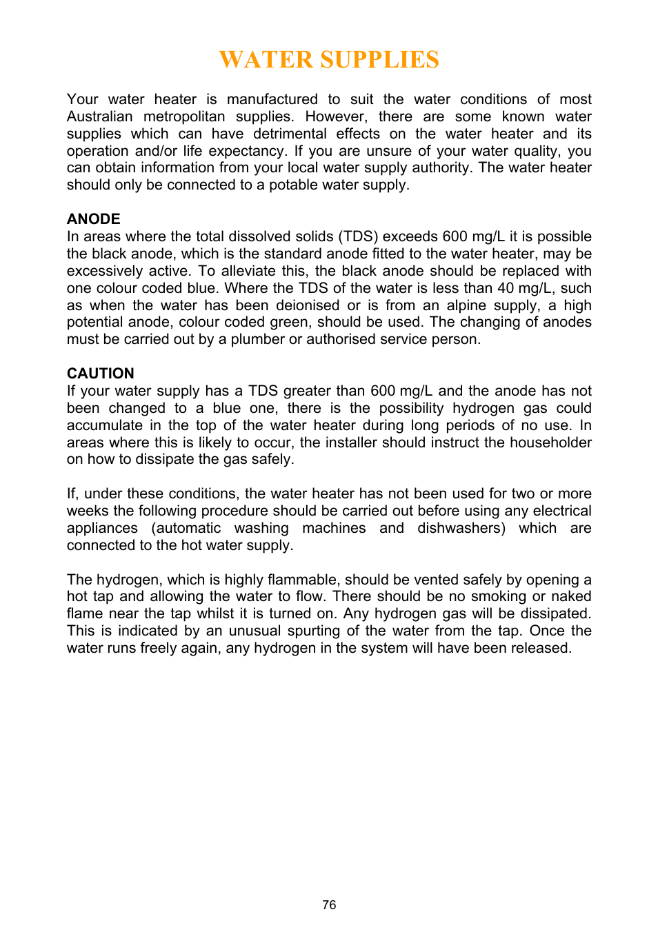 Water supplies, Anode, Caution | 76 . if you are not sure, Water, Supplies | Rheem Water Heater User Manual | Page 76 / 80