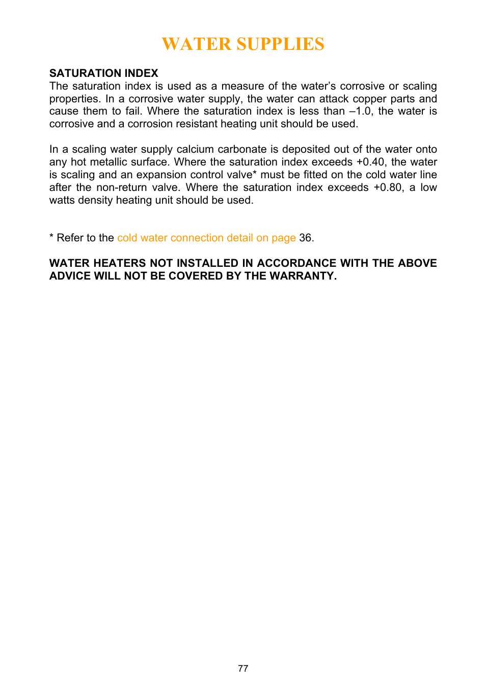 Saturation index, Water supplies | Rheem Water Heater User Manual | Page 77 / 80