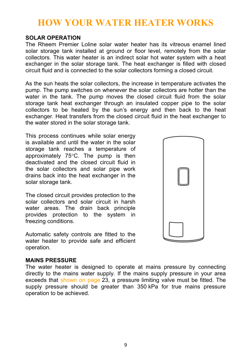 How your water heater works, Solar operation, Mains pressure | Rheem Water Heater User Manual | Page 9 / 80