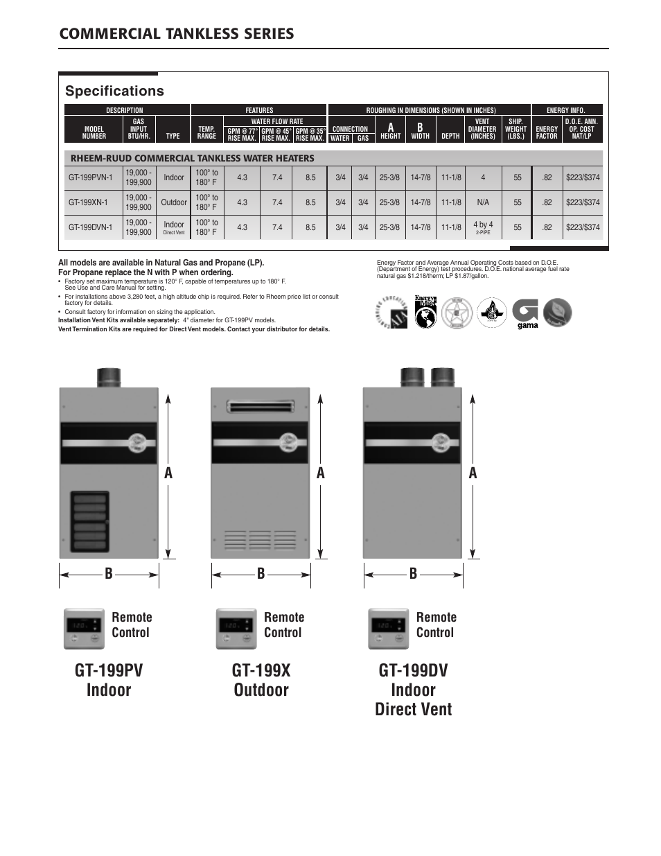 Gt-199pv indoor, Gt-199x outdoor, Gt-199dv indoor direct vent | Commercial tankless series, Specifications, Remote control | Rheem GT-199PV User Manual | Page 2 / 4