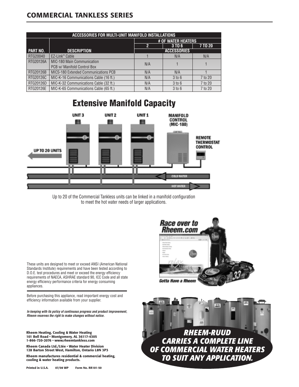 Extensive manifold capacity, Commercial tankless series | Rheem GT-199PV User Manual | Page 4 / 4