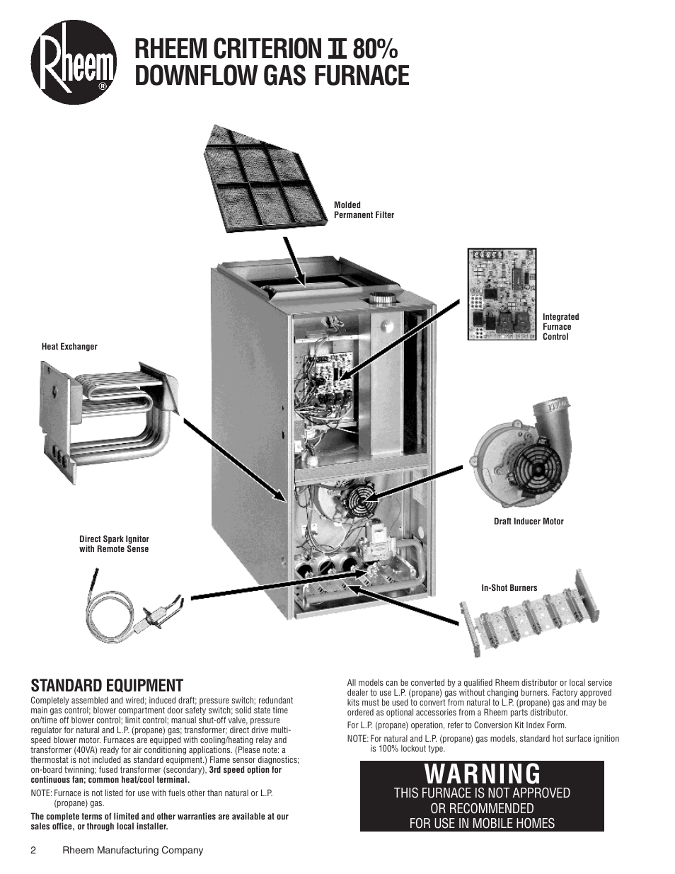 Warning, Rheem criterion ii 80% downflow gas furnace, Standard equipment | Rheem 07EAUER User Manual | Page 2 / 8