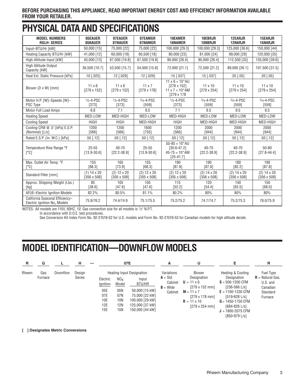 Physical data and specifications, Model identification—downflow models | Rheem 07EAUER User Manual | Page 3 / 8