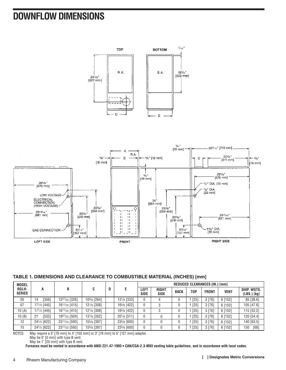 Downflow dimensions | Rheem 07EAUER User Manual | Page 4 / 8