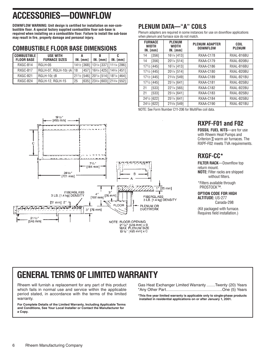 Accessories—downflow, General terms of limited warranty, Rxpf-f01 and f02 | Rxgf-cc, Plenum data—“a” coils, Combustible floor base dimensions | Rheem 07EAUER User Manual | Page 6 / 8
