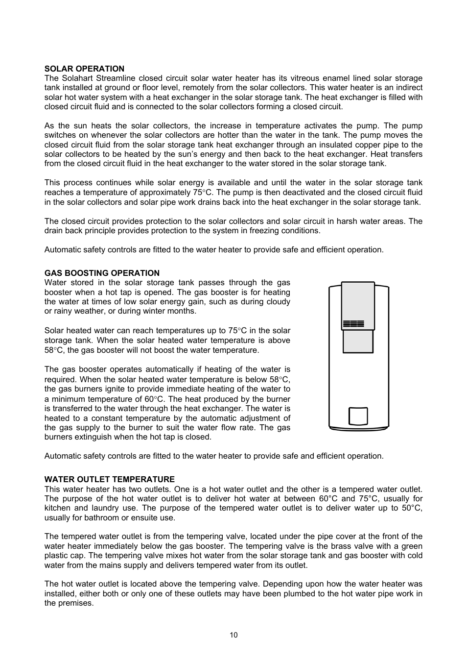 How your water heater works, Solar operation, Gas boosting operation | Water outlet temperature | Rheem GAS BOOSTED SOLAR WATER HEATER User Manual | Page 10 / 56