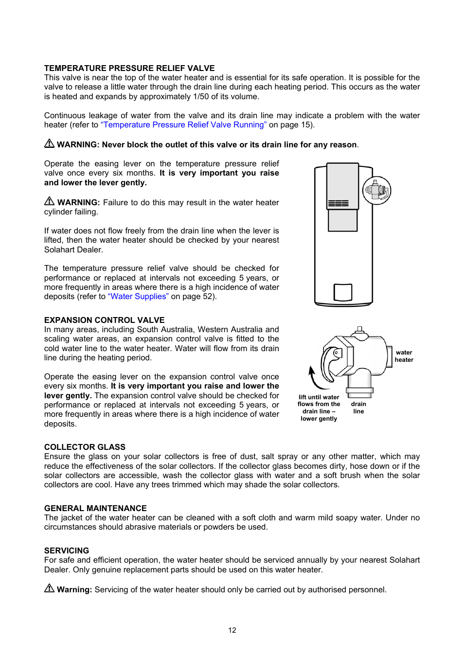 Regular care, Temperature pressure relief valve, Expansion control valve | Collector glass, General maintenance, Servicing | Rheem GAS BOOSTED SOLAR WATER HEATER User Manual | Page 12 / 56