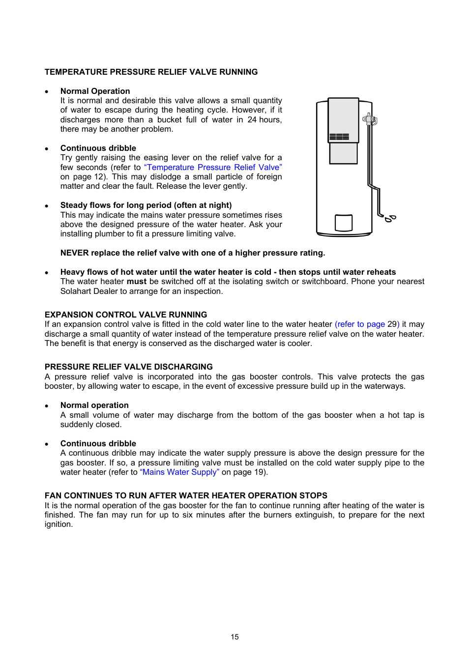 Temperature pressure relief valve running, Expansion control valve running, Pressure relief valve discharging | Save a service call | Rheem GAS BOOSTED SOLAR WATER HEATER User Manual | Page 15 / 56