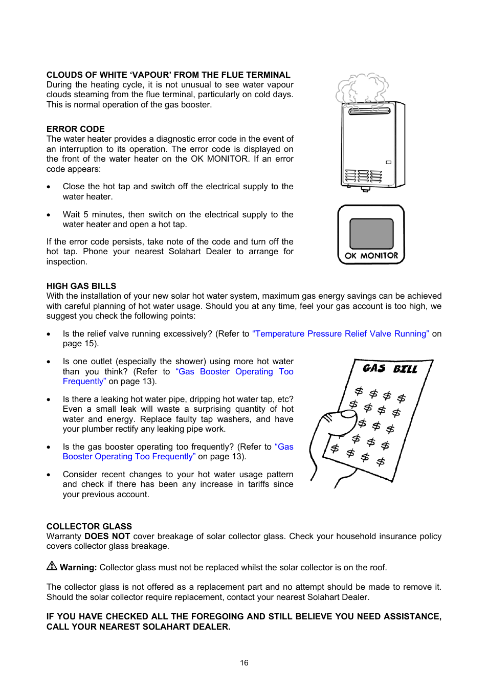 Clouds of white ‘vapour’ from the flue terminal, Error code, High gas bills | Collector glass, Save a service call | Rheem GAS BOOSTED SOLAR WATER HEATER User Manual | Page 16 / 56