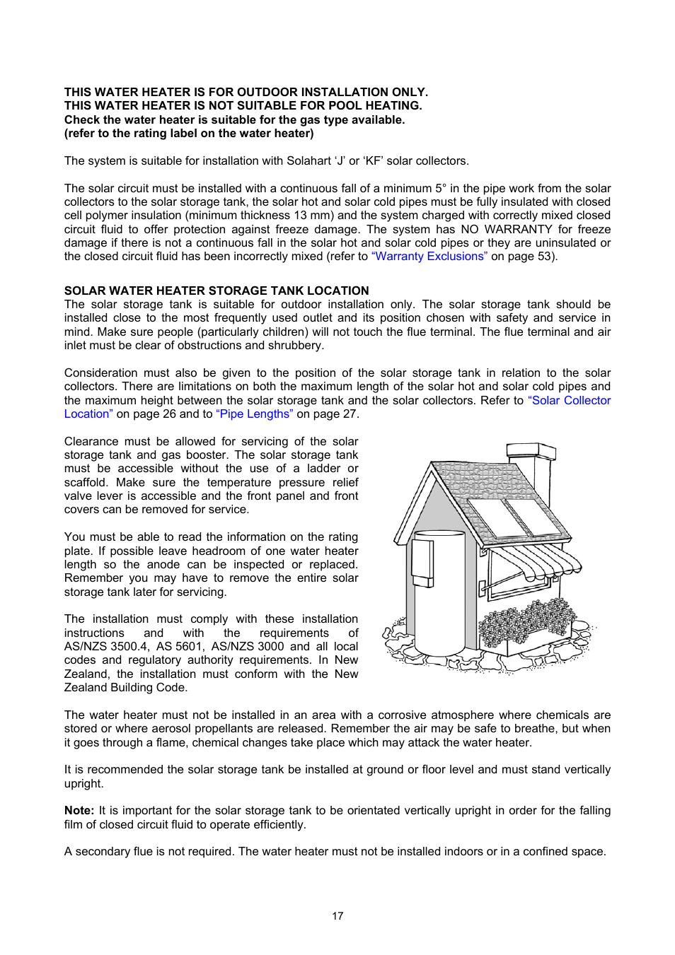 Installation – solar storage tank, Solar water heater storage tank location | Rheem GAS BOOSTED SOLAR WATER HEATER User Manual | Page 17 / 56