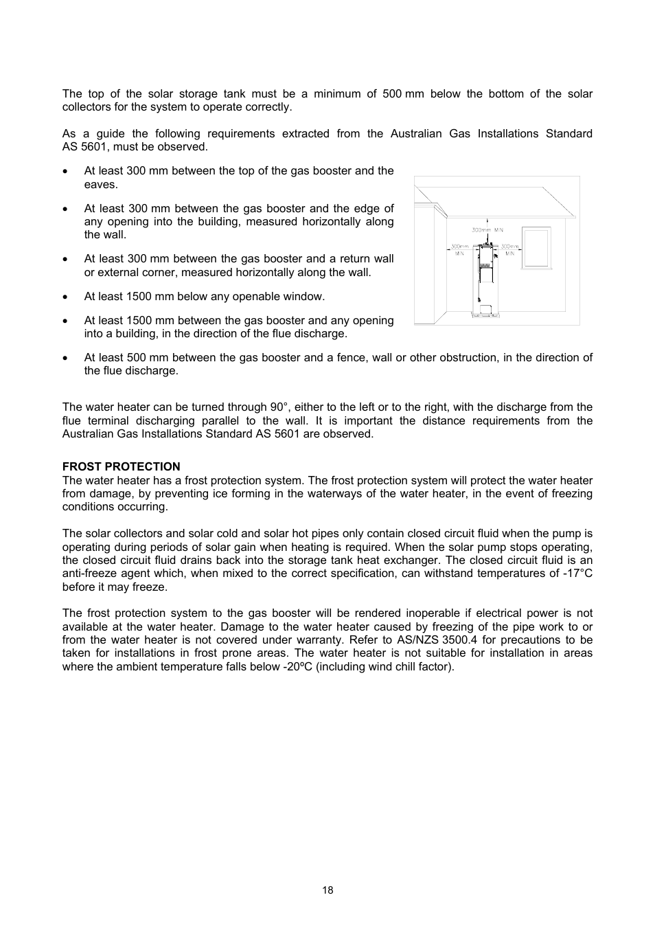 Frost protection, Installation – solar storage tank | Rheem GAS BOOSTED SOLAR WATER HEATER User Manual | Page 18 / 56