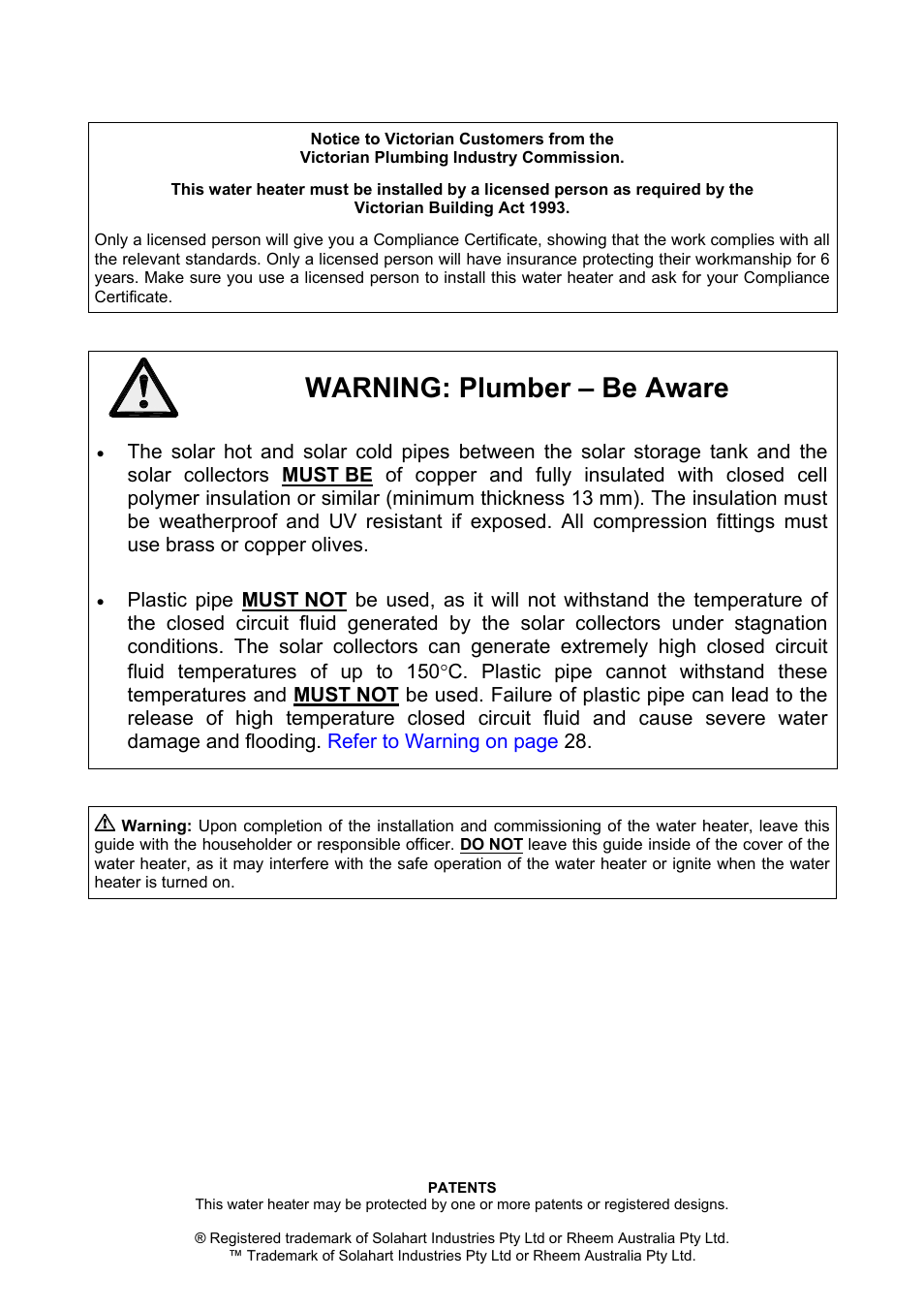 Warning: plumber – be aware | Rheem GAS BOOSTED SOLAR WATER HEATER User Manual | Page 2 / 56