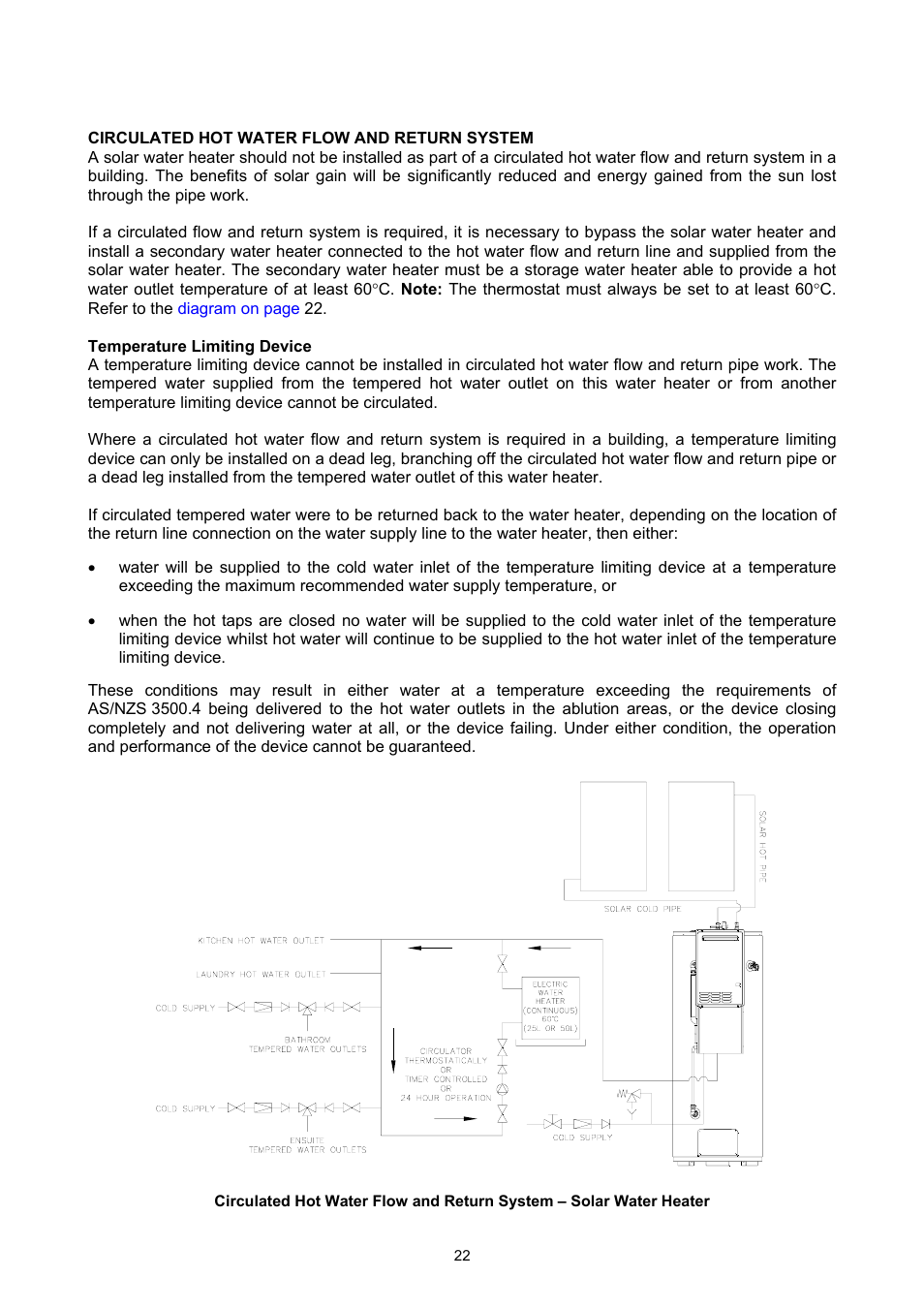 Circulated hot water flow and return system, Temperature limiting device, Installation – solar storage tank | Rheem GAS BOOSTED SOLAR WATER HEATER User Manual | Page 22 / 56