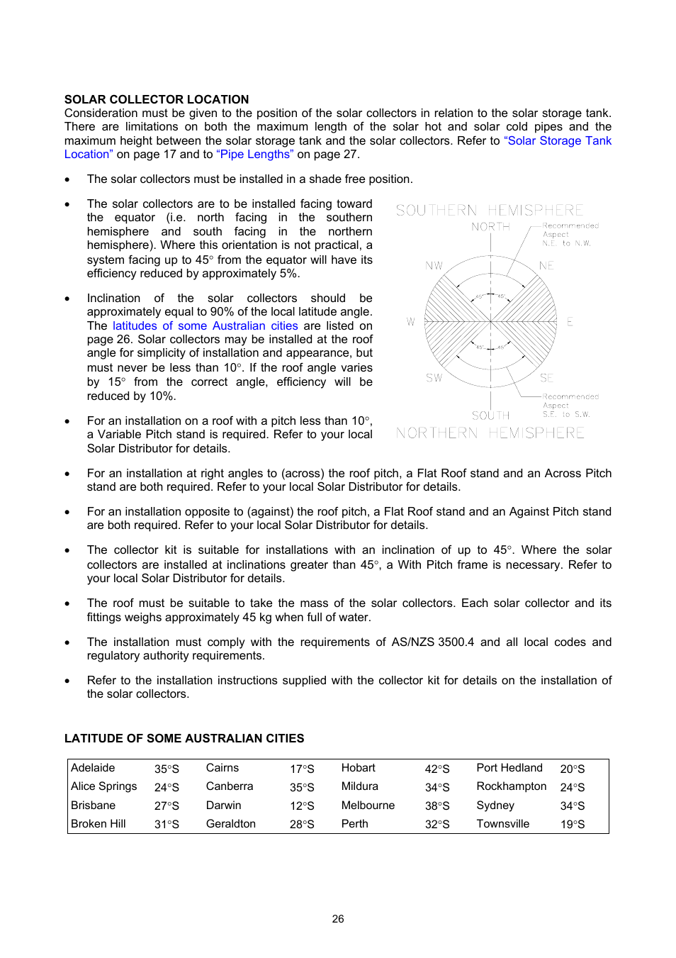 Installation – solar collectors, Solar collector location, Latitude of some australian cities | Solar collector, Location | Rheem GAS BOOSTED SOLAR WATER HEATER User Manual | Page 26 / 56