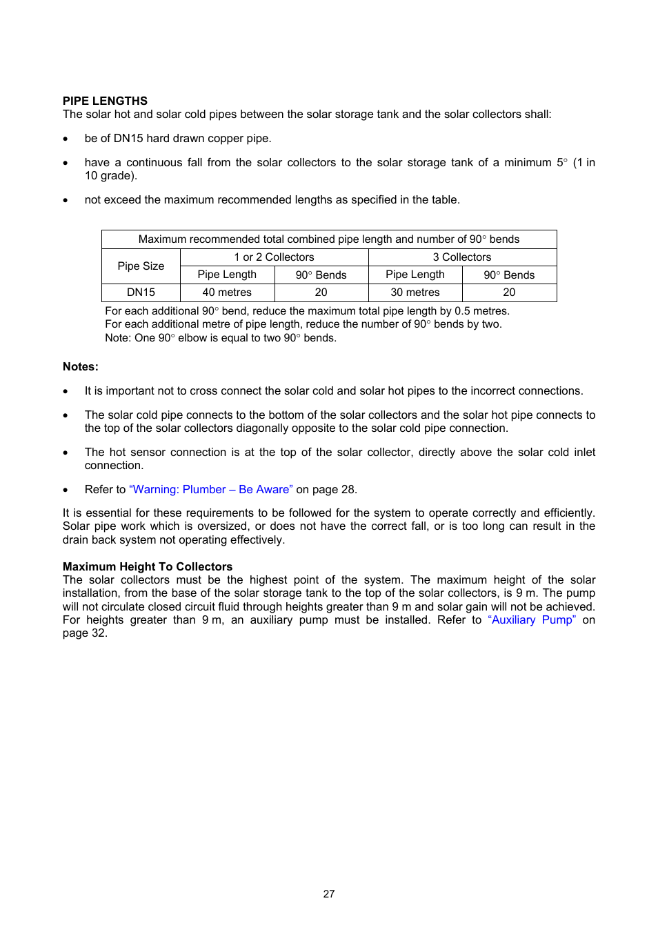Pipe lengths, Maximum height to collectors, E 27 | Installation – solar collectors | Rheem GAS BOOSTED SOLAR WATER HEATER User Manual | Page 27 / 56