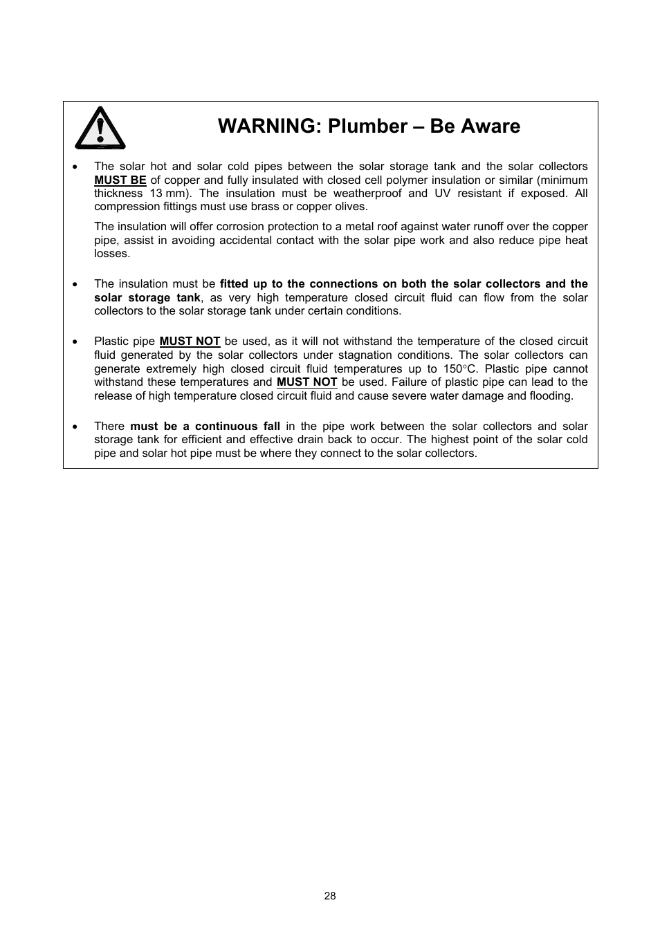 Installation – solar collectors, Warning: plumber – be aware | Rheem GAS BOOSTED SOLAR WATER HEATER User Manual | Page 28 / 56