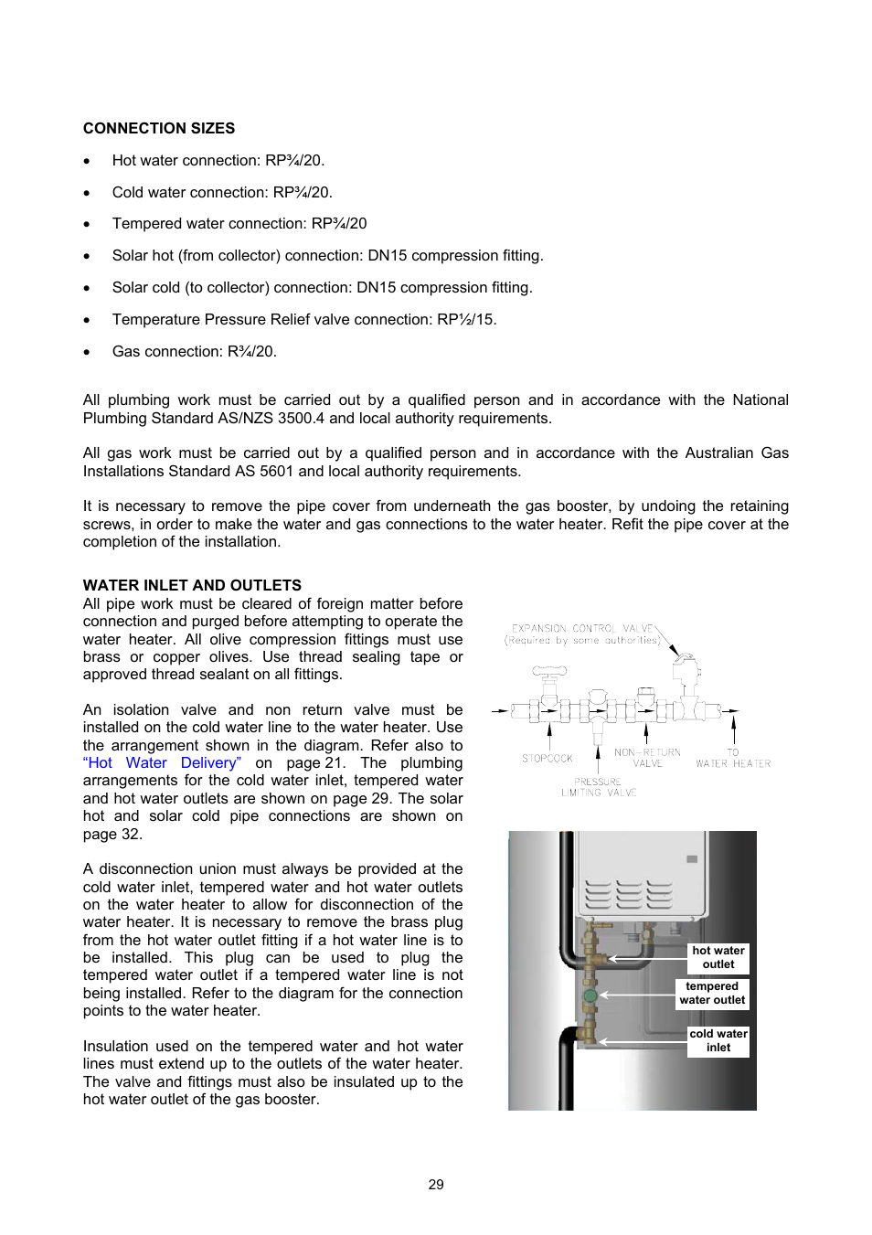 Connections – plumbing, Connection sizes, Water inlet and outlets | It may, Refer to diagram on | Rheem GAS BOOSTED SOLAR WATER HEATER User Manual | Page 29 / 56