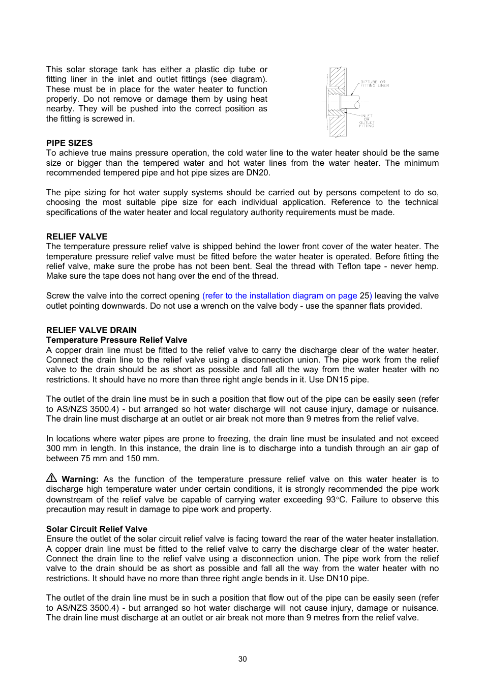 Pipe sizes, Relief valve, Relief valve drain | Temperature pressure relief valve, Solar circuit relief valve, Connections – plumbing | Rheem GAS BOOSTED SOLAR WATER HEATER User Manual | Page 30 / 56
