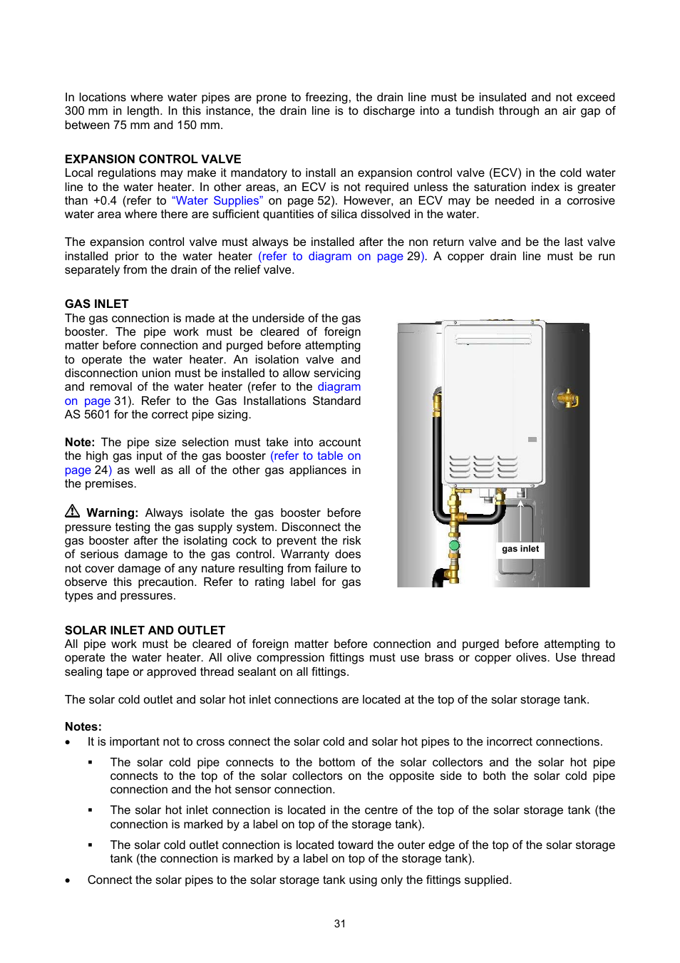 Expansion control valve, Gas inlet, Solar inlet and outlet | Connections – plumbing | Rheem GAS BOOSTED SOLAR WATER HEATER User Manual | Page 31 / 56