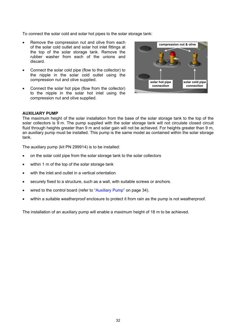 Auxiliary pump, Connections – plumbing | Rheem GAS BOOSTED SOLAR WATER HEATER User Manual | Page 32 / 56