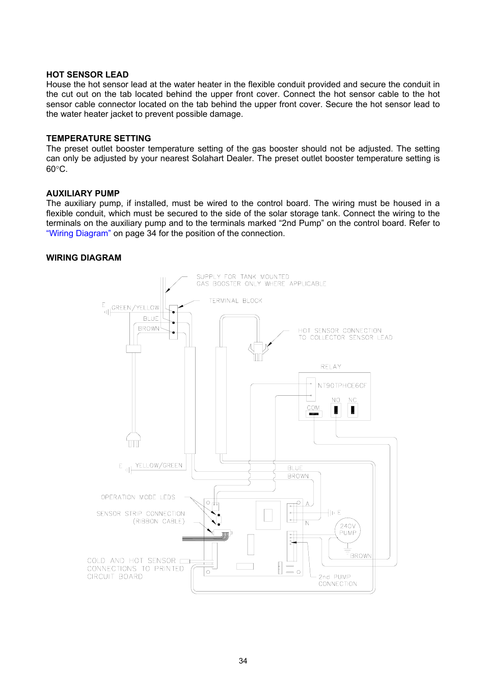 Hot sensor lead, Temperature setting, Auxiliary pump | Wiring diagram, Connections – electrical | Rheem GAS BOOSTED SOLAR WATER HEATER User Manual | Page 34 / 56