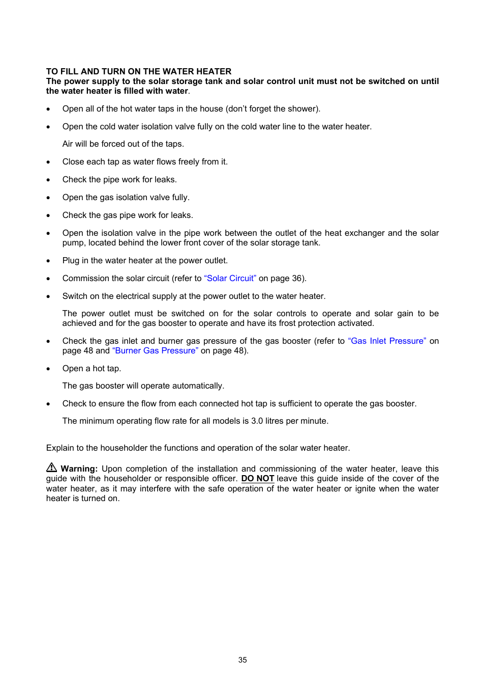 Commissioning, To fill and turn on the water heater | Rheem GAS BOOSTED SOLAR WATER HEATER User Manual | Page 35 / 56