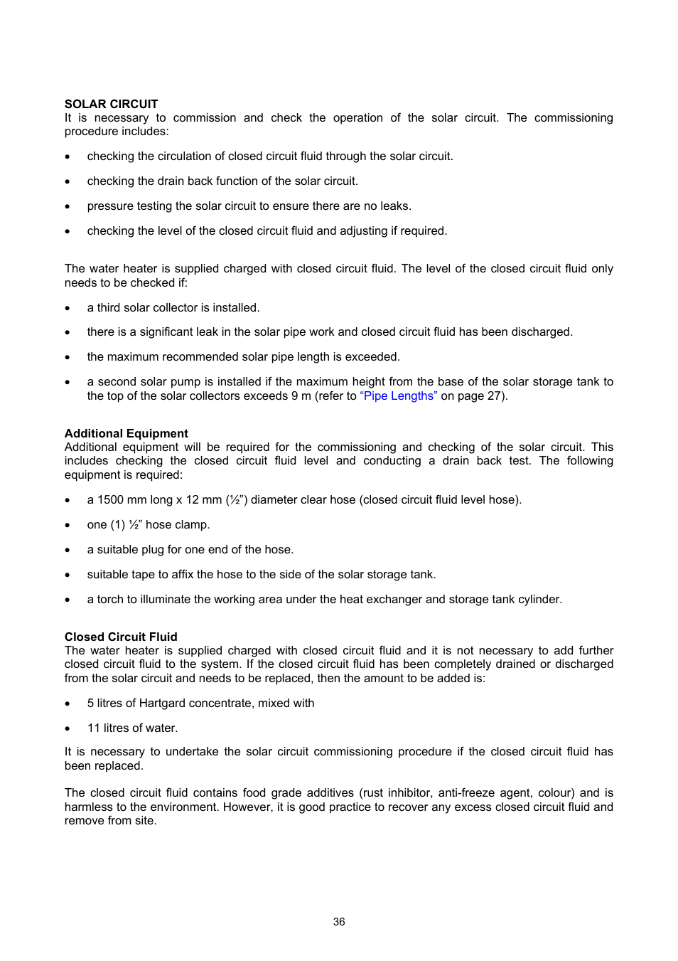 Solar circuit, Additional equipment, Closed circuit fluid | Commissioning | Rheem GAS BOOSTED SOLAR WATER HEATER User Manual | Page 36 / 56