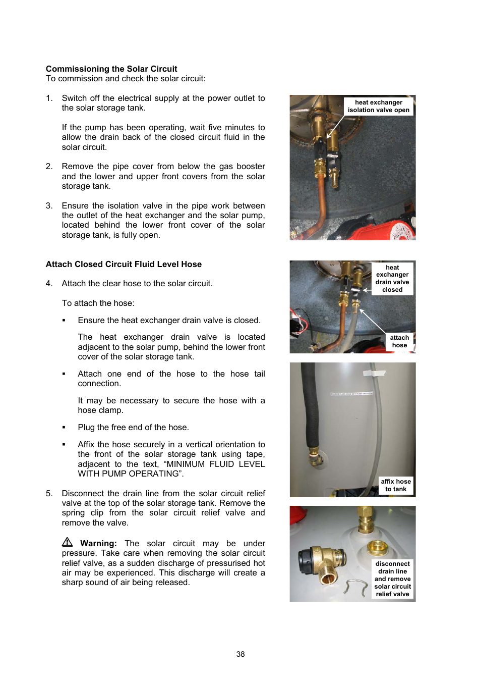 Commissioning the solar circuit, Attach closed circuit fluid level hose, Commissioning | Rheem GAS BOOSTED SOLAR WATER HEATER User Manual | Page 38 / 56