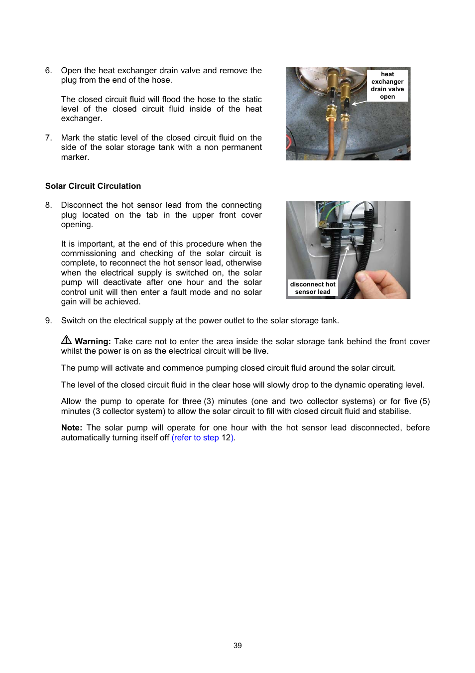 Solar circuit circulation, Commissioning | Rheem GAS BOOSTED SOLAR WATER HEATER User Manual | Page 39 / 56