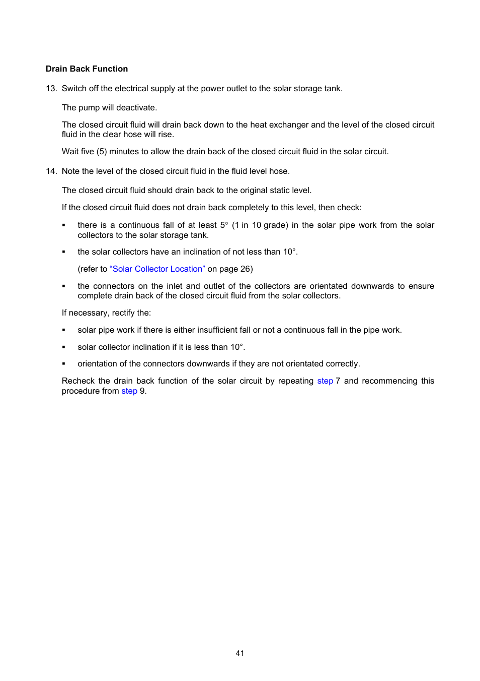 Drain back function, Commissioning | Rheem GAS BOOSTED SOLAR WATER HEATER User Manual | Page 41 / 56