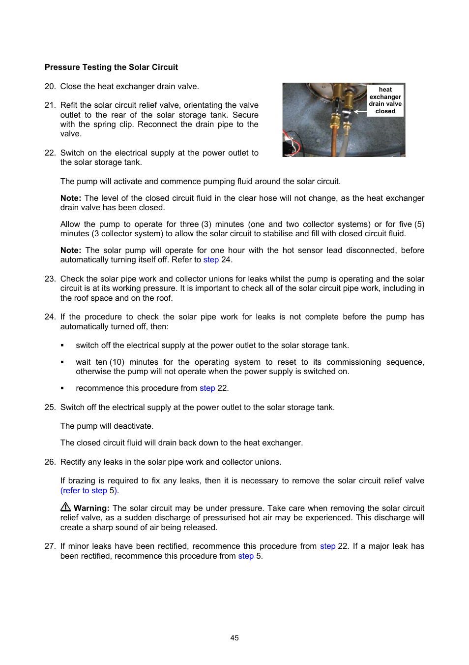 Pressure testing the solar circuit, Commissioning | Rheem GAS BOOSTED SOLAR WATER HEATER User Manual | Page 45 / 56
