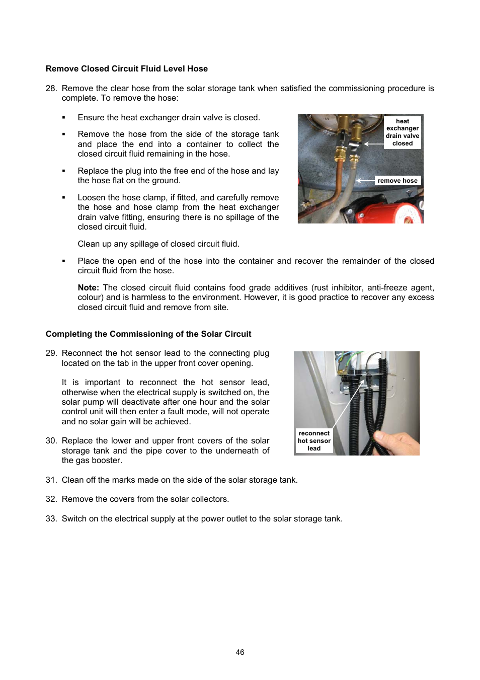 Remove closed circuit fluid level hose, Completing the commissioning of the solar circuit, Commissioning | Rheem GAS BOOSTED SOLAR WATER HEATER User Manual | Page 46 / 56