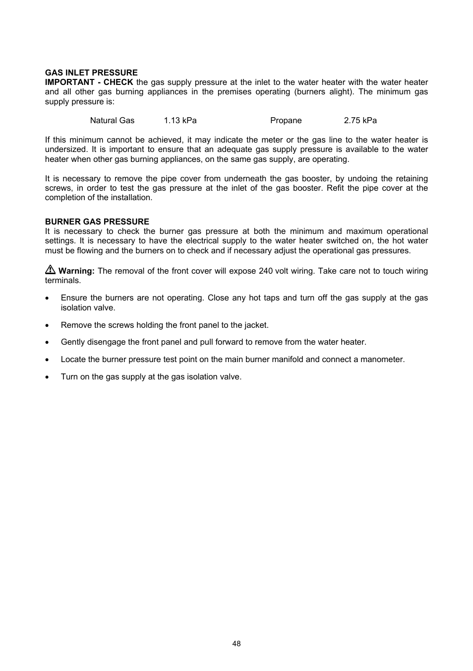 Gas inlet pressure, Burner gas pressure, Commissioning | Rheem GAS BOOSTED SOLAR WATER HEATER User Manual | Page 48 / 56