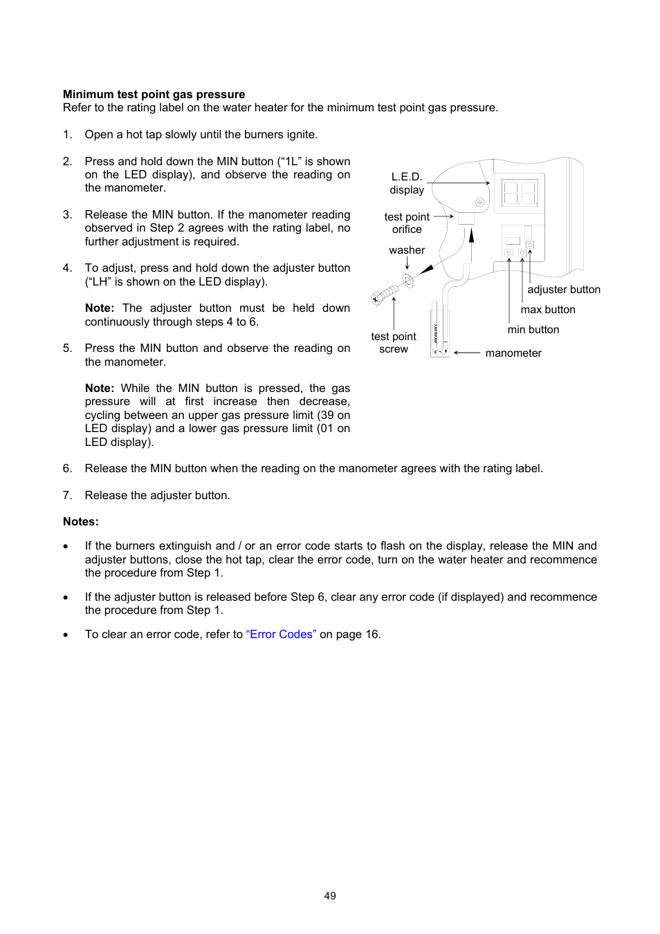 Minimum test point gas pressure, Commissioning | Rheem GAS BOOSTED SOLAR WATER HEATER User Manual | Page 49 / 56