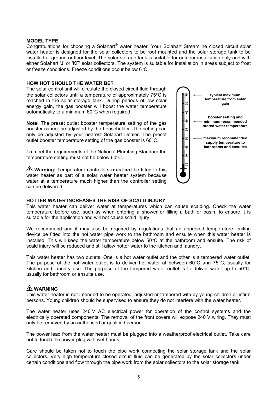 About your water heater, Model type, How hot should the water be | Hotter water increases the risk of scald injury, Warning | Rheem GAS BOOSTED SOLAR WATER HEATER User Manual | Page 5 / 56