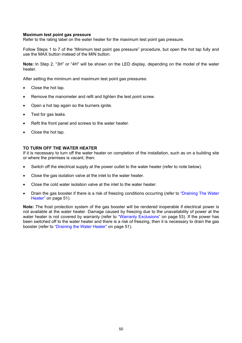 Maximum test point gas pressure, To turn off the water heater, Commissioning | Rheem GAS BOOSTED SOLAR WATER HEATER User Manual | Page 50 / 56