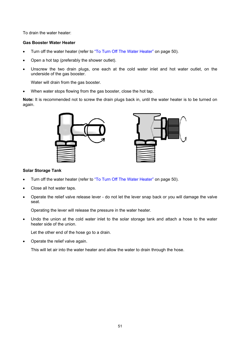 Draining the water heater, Gas booster water heater, Solar storage tank | On p, Ge 51) | Rheem GAS BOOSTED SOLAR WATER HEATER User Manual | Page 51 / 56