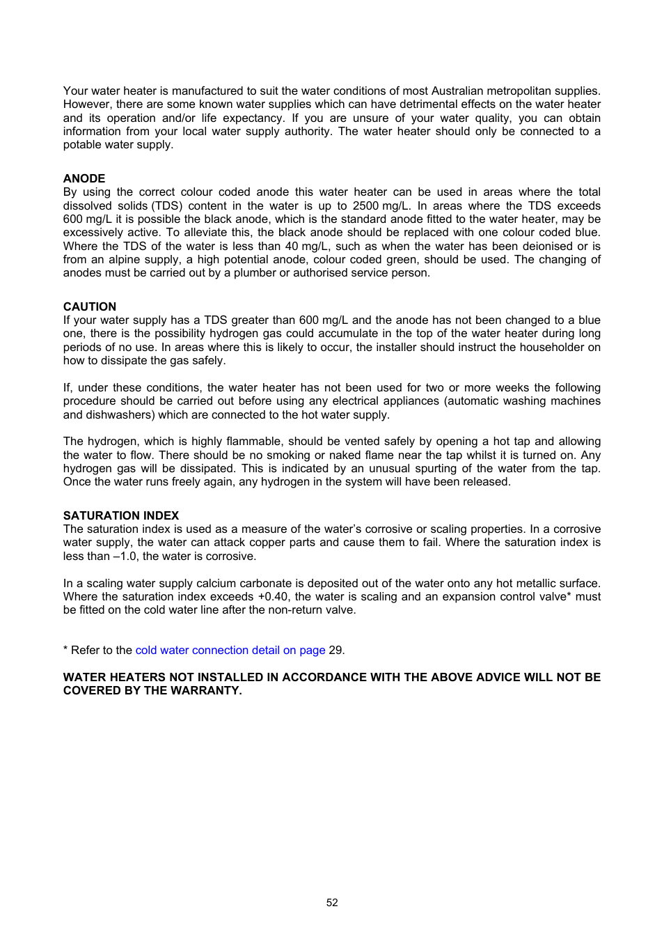 Water supplies, Anode, Caution | Saturation index, 52 . if | Rheem GAS BOOSTED SOLAR WATER HEATER User Manual | Page 52 / 56