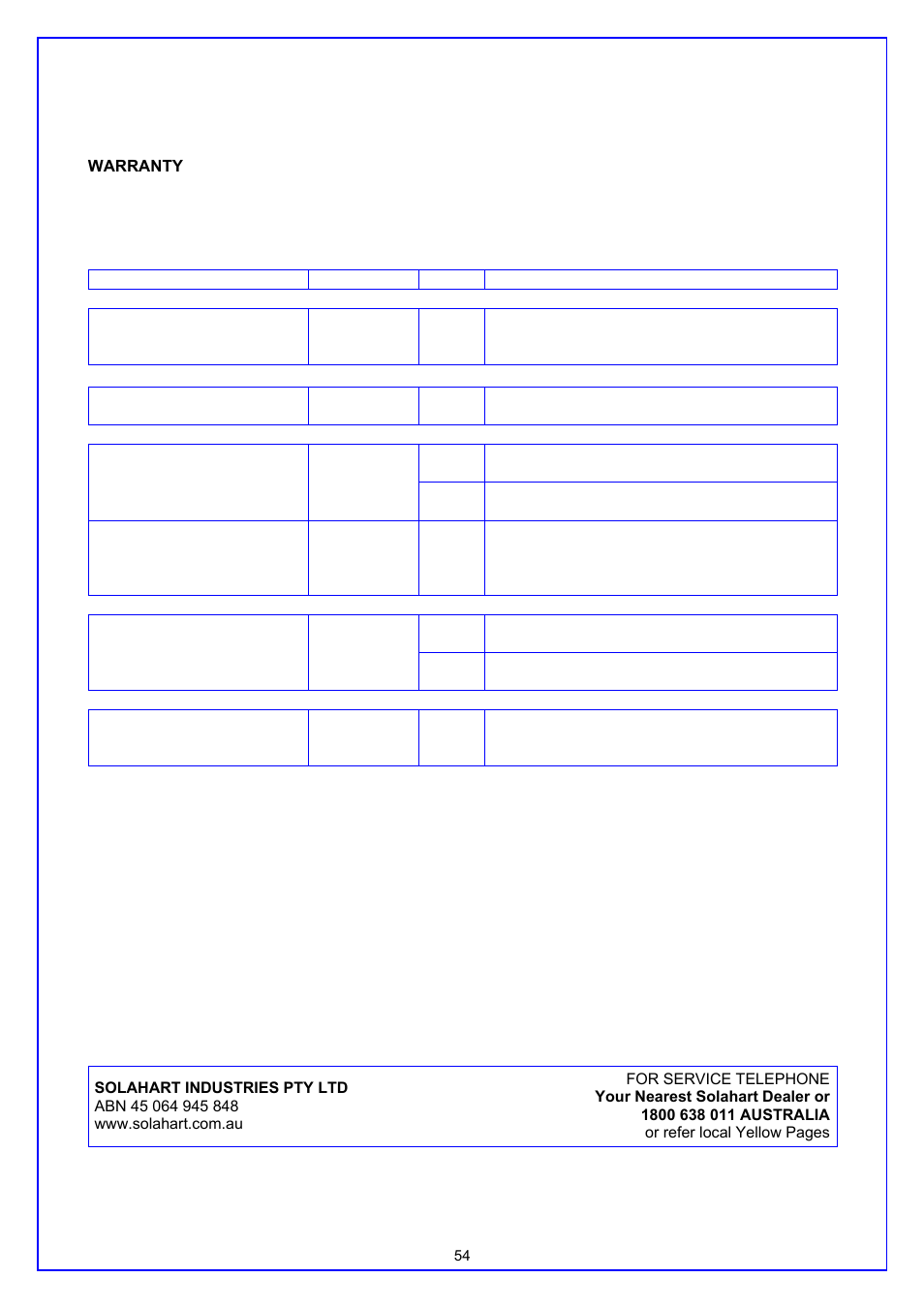 Warranty, Refer to | Rheem GAS BOOSTED SOLAR WATER HEATER User Manual | Page 54 / 56