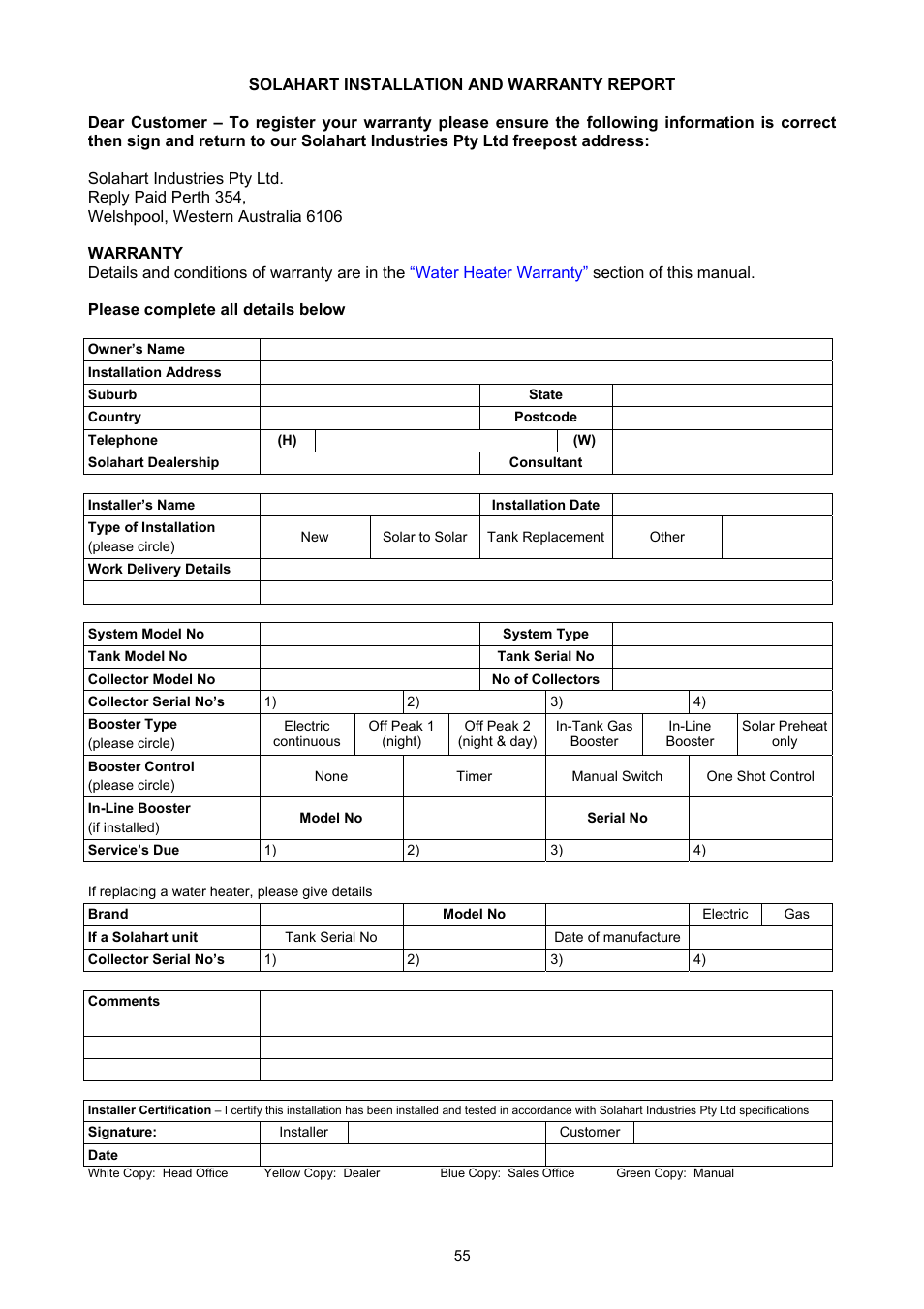 Solahart installation and warranty report | Rheem GAS BOOSTED SOLAR WATER HEATER User Manual | Page 55 / 56