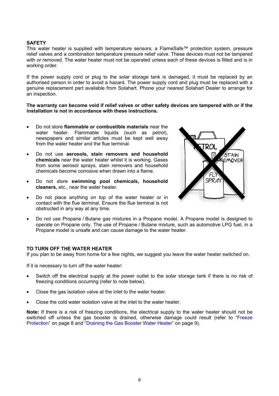 Safety, To turn off the water heater, About your water heater | Rheem GAS BOOSTED SOLAR WATER HEATER User Manual | Page 6 / 56