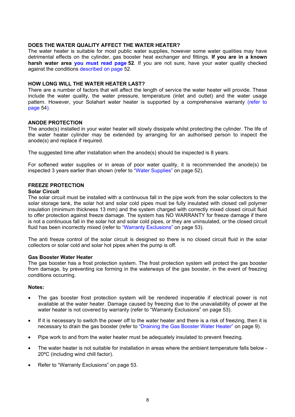 Does the water quality affect the water heater, How long will the water heater last, Anode protection | Freeze protection, Solar circuit, Gas booster water heater, Freeze, Protection, About your water heater | Rheem GAS BOOSTED SOLAR WATER HEATER User Manual | Page 8 / 56