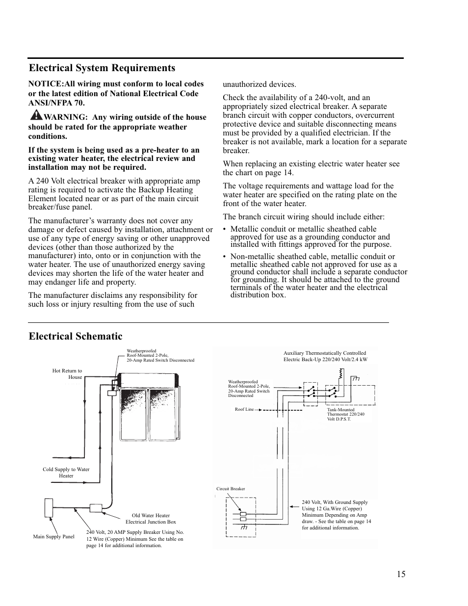 Electrical system requirements, Electrical schematic | Rheem RS80-42BP User Manual | Page 15 / 40