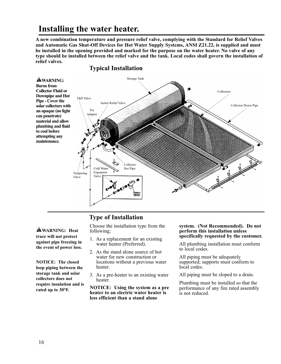 Installing the water heater, Typical installation, Type of installation | Rheem RS80-42BP User Manual | Page 16 / 40