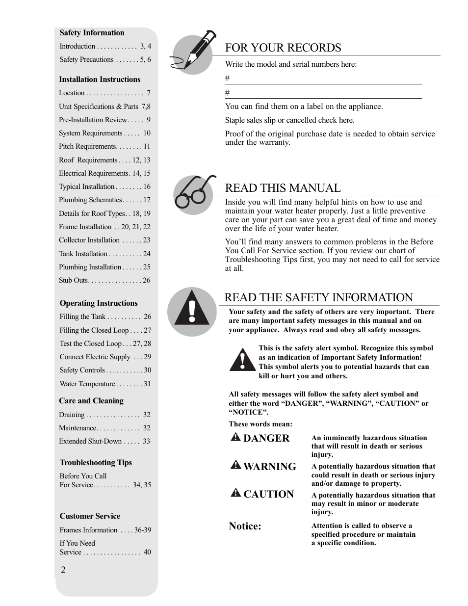 Read this manual for your records, Read the safety information, Danger | Warning, Caution, Notice | Rheem RS80-42BP User Manual | Page 2 / 40