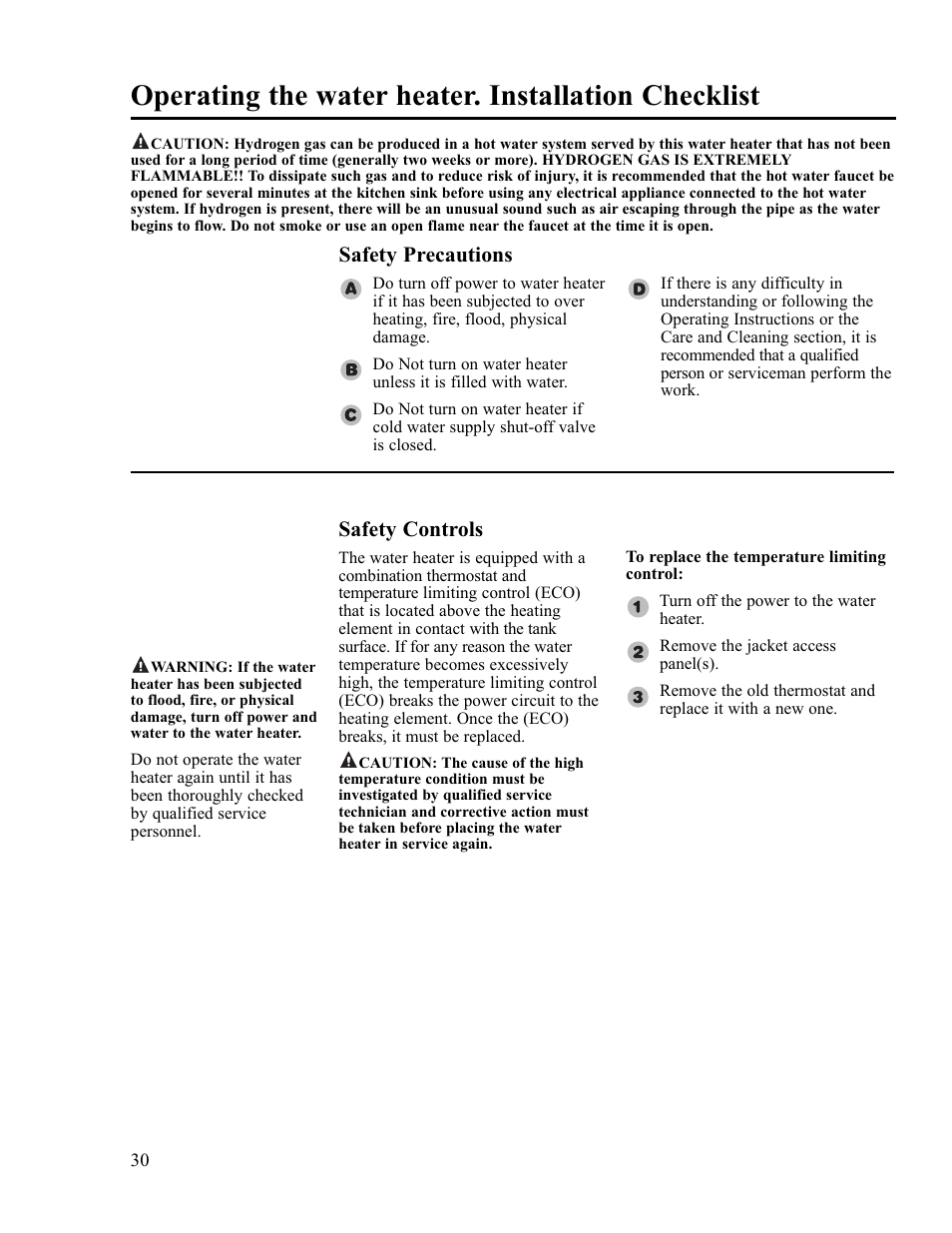 Operating the water heater. installation checklist, Safety precautions, Safety controls | Rheem RS80-42BP User Manual | Page 30 / 40