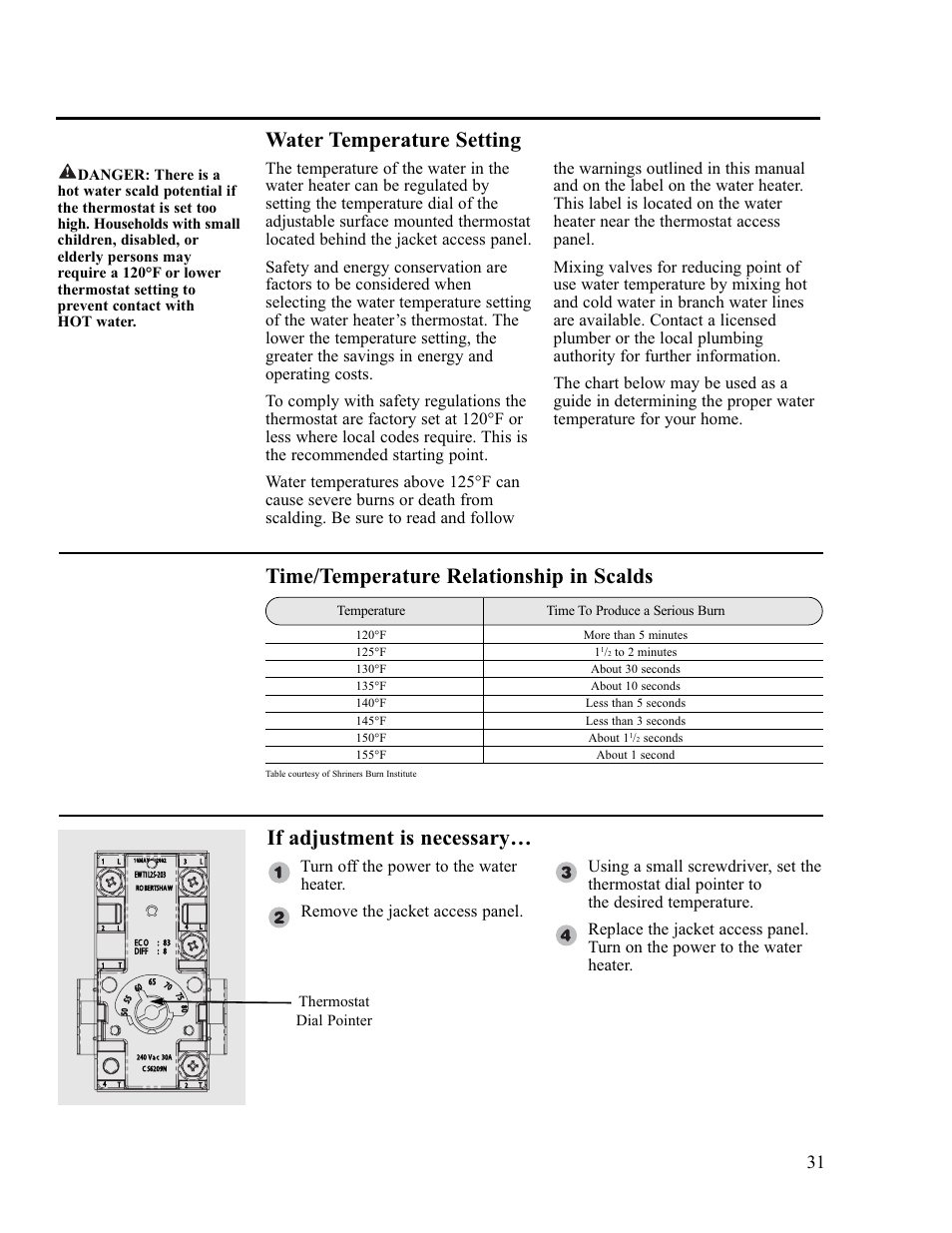 If adjustment is necessary, Time/temperature relationship in scalds, Water temperature setting | Thermostat dial pointer | Rheem RS80-42BP User Manual | Page 31 / 40